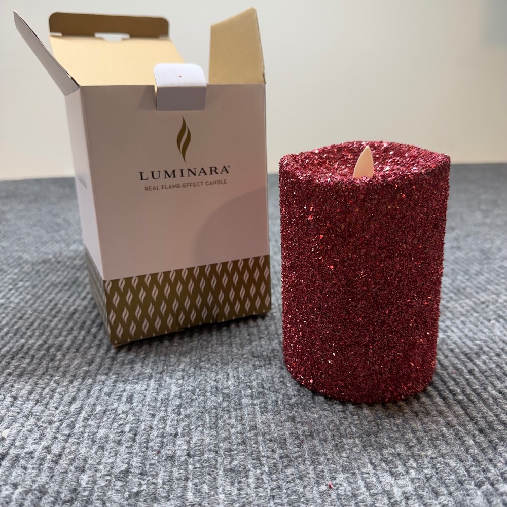 Luminara LED Flame Effect Candle 5in Red Glitter Remote Battery Flameless NIB